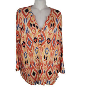 Lucky Brand Top Womens Medium Geometric Diamond Henley Aztec Boho Long Sleeve
